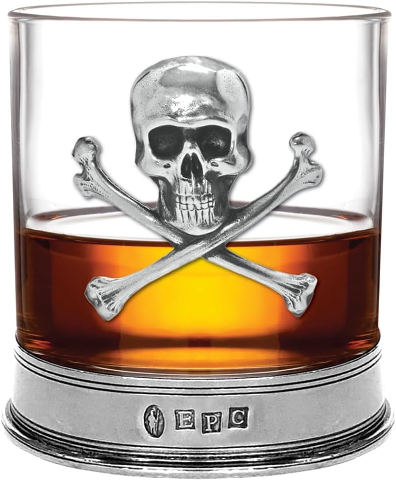 English Pewter Company glass with Pewter Skull and Cross Bones